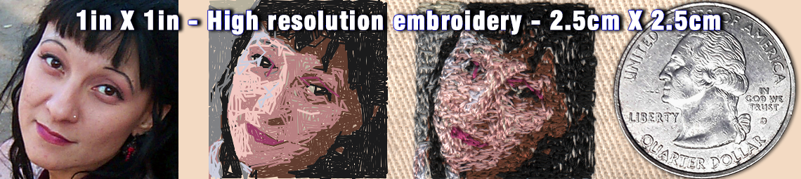 starting image, sewout simulation, physical sewout and a US quarter for scale 1 inch (2.5cm) by 1 inch (2.5cm)